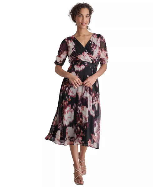 Petite Printed Ruched-Sleeve Tie-Waist Fit & Flare Dress Raisin Multi - 1