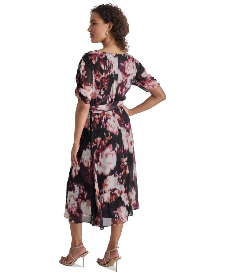 Petite Printed Ruched-Sleeve Tie-Waist Fit & Flare Dress Raisin Multi - 2