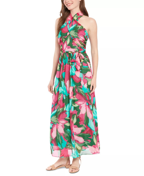 Petite Printed Wrap-Neck Maxi Dress Pink Green - 1