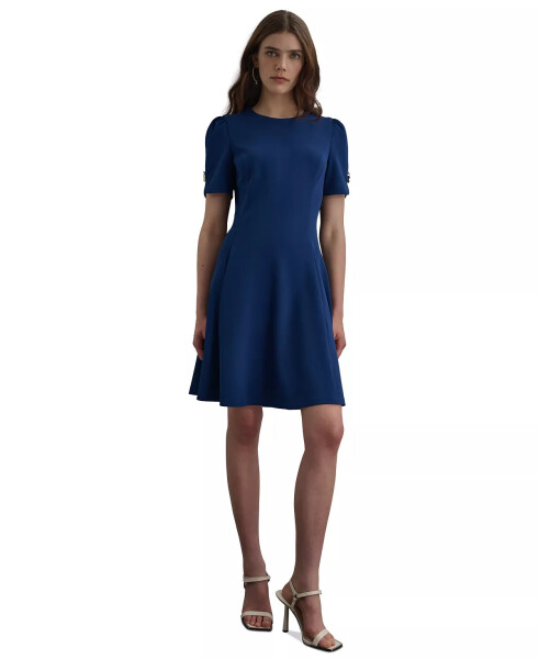 Petite Round-Neck Button-Trim Fit & Flare Dress Coastal Blue - 1