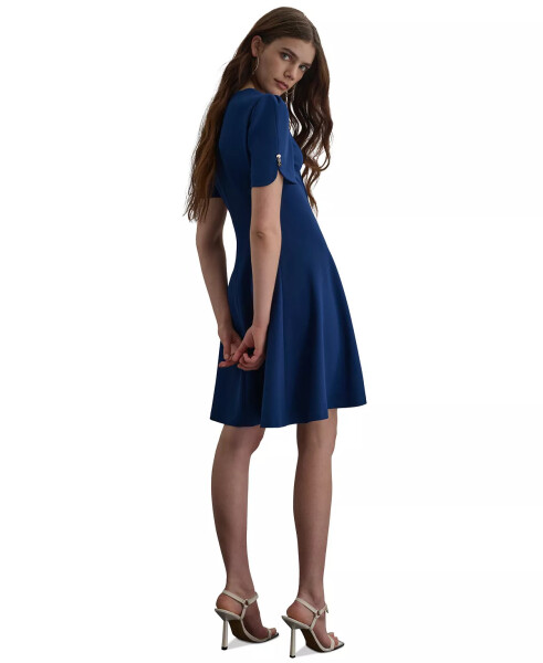 Petite Round-Neck Button-Trim Fit & Flare Dress Coastal Blue - 2