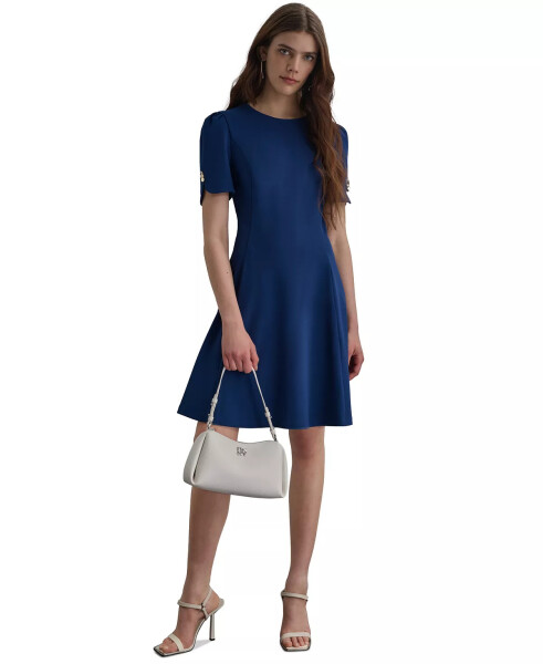 Petite Round-Neck Button-Trim Fit & Flare Dress Coastal Blue - 3