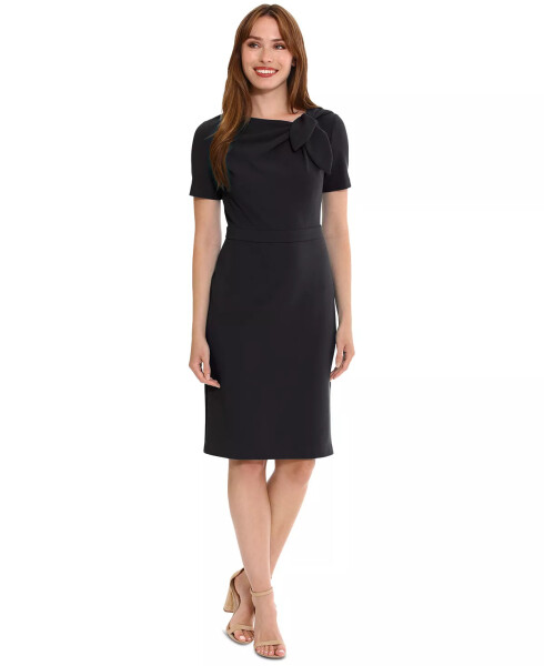 Petite Solid Bow-Neck Short-Sleeve Sheath Dress Black - 4