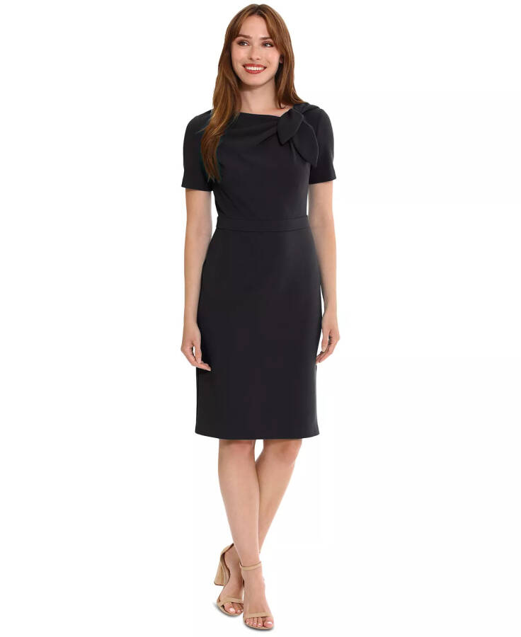 Petite Solid Bow-Neck Short-Sleeve Sheath Dress Black - 1