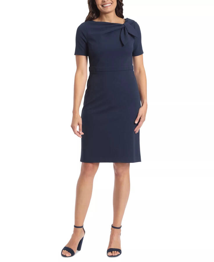 Petite Solid Bow-Neck Short-Sleeve Sheath Dress Navy - 4