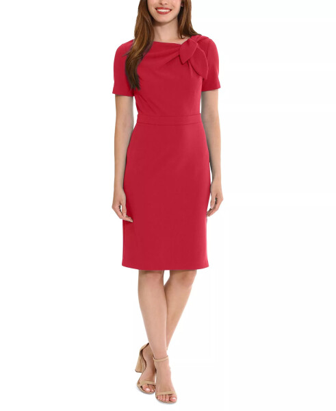 Petite Solid Bow-Neck Short-Sleeve Sheath Dress Red - 4