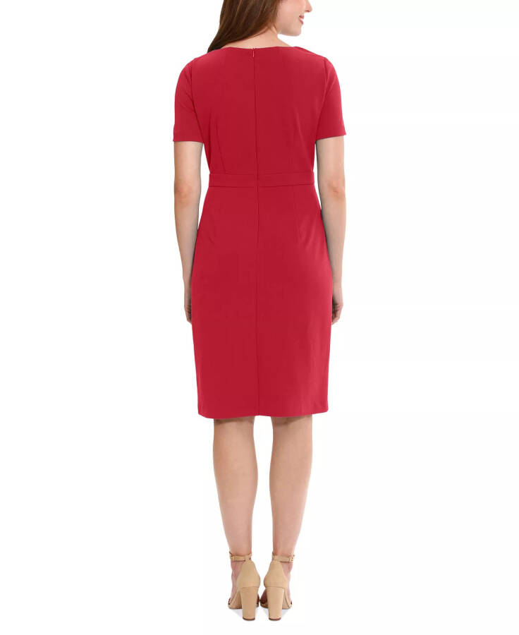 Petite Solid Bow-Neck Short-Sleeve Sheath Dress Red - 5