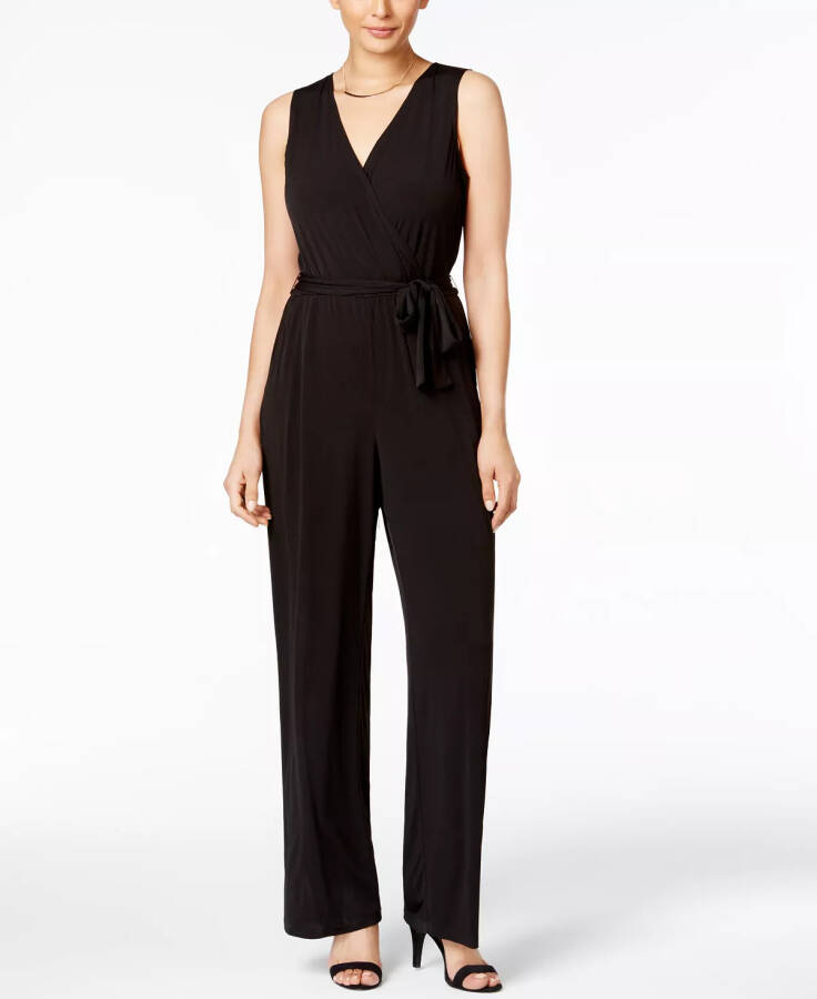 Petite Surplice Belted Wide-Leg Jumpsuit Black - 1