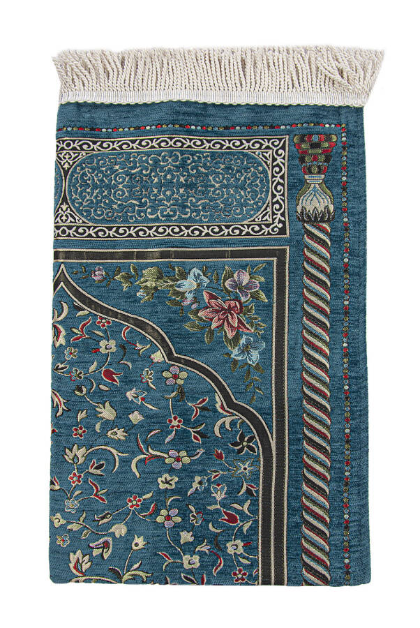 Petrol Floral Ravza Patterned Lined Chenille Prayer Rug - 3