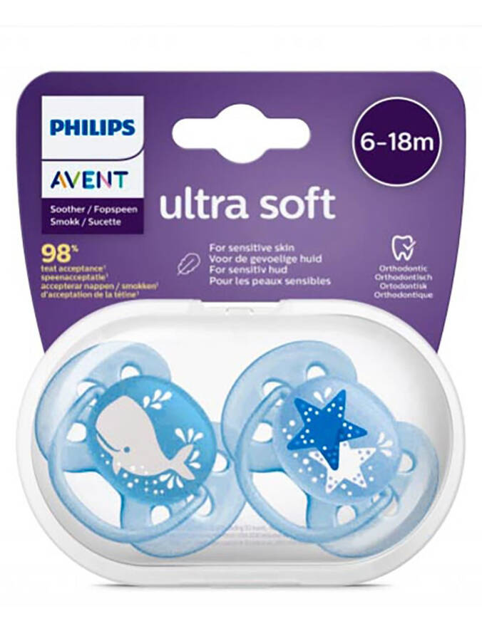 Philips Avent Ultra Soft Pacifier 6-18 Months 2 Pack Boys SCF223/03 - 2