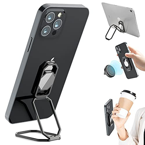 Phone Ring Holder Finger Kickstand, Upgraded 360° Rotation Metal Phone Grip for Magnetic Car Mount Foldable Cell Phone Stand Compatible with Most Smartphones - 1