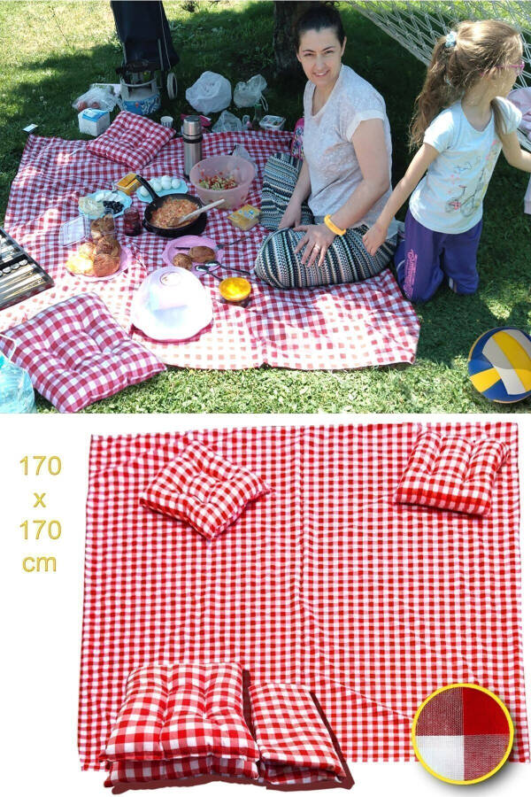 Picnic Set Red Picnic Blanket Large Blanket Tablecloth 170x170 Cm 2 Cushions Included (40x40cm) - 4