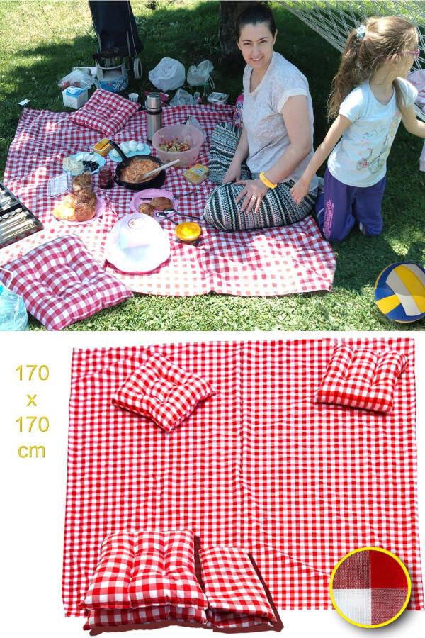 Picnic Set Red Picnic Blanket Large Blanket Tablecloth 170x170 Cm 2 Cushions Included (40x40cm) - 7