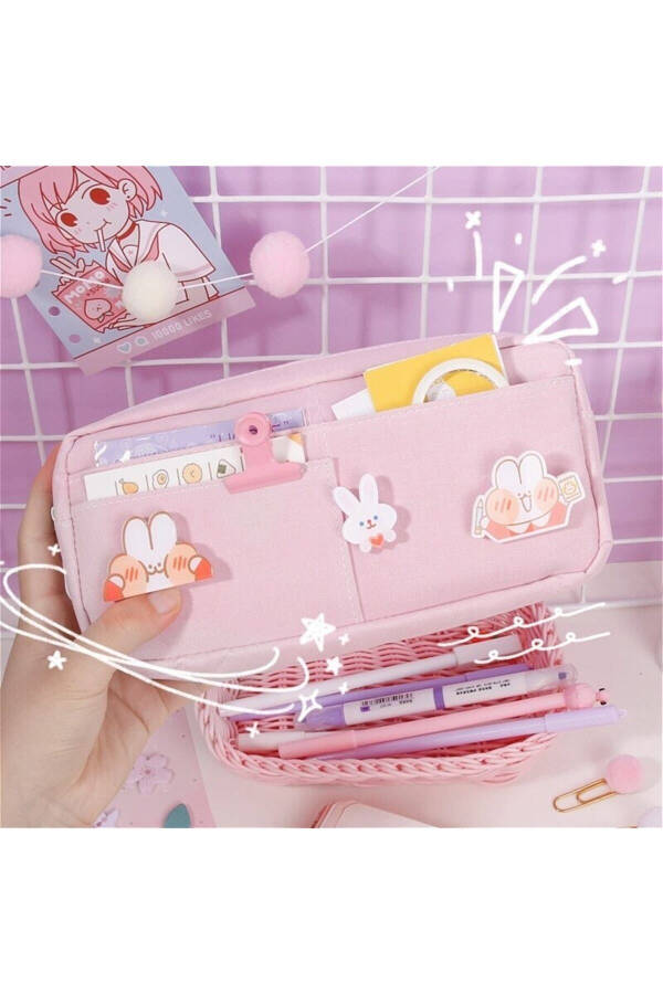 Pink 3 Badge School Student Pencil Case Functional Stationery Pencil Box - 1