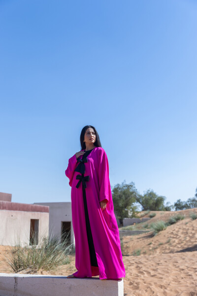 Pink Abaya with Bow Detail - 8