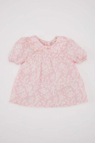 Pink Baby Girl Short Sleeve Blouse with Large Collar Crinkle Viscose Pattern - 5