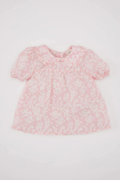 Pink Baby Girl Short Sleeve Blouse with Large Collar Crinkle Viscose Pattern - 9