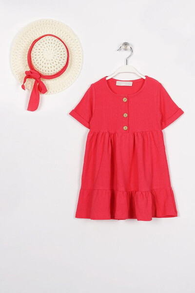 Pink Bicycle Collar Short Sleeve Ruffled Buttoned Girls Dress - 1