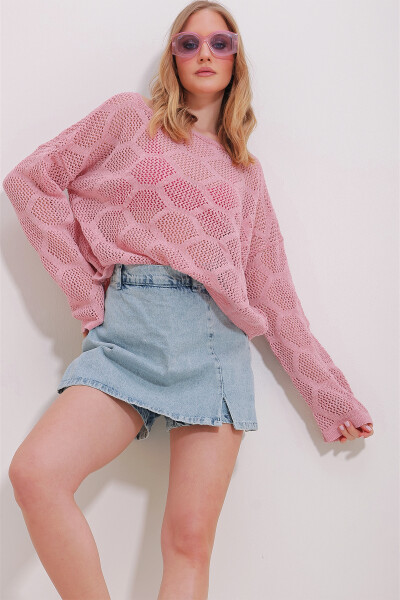 Pink boat neck lace knitted blouse ALC-X11512 - 2