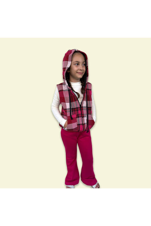 Pink Checkered Hooded Girl Vest - 3