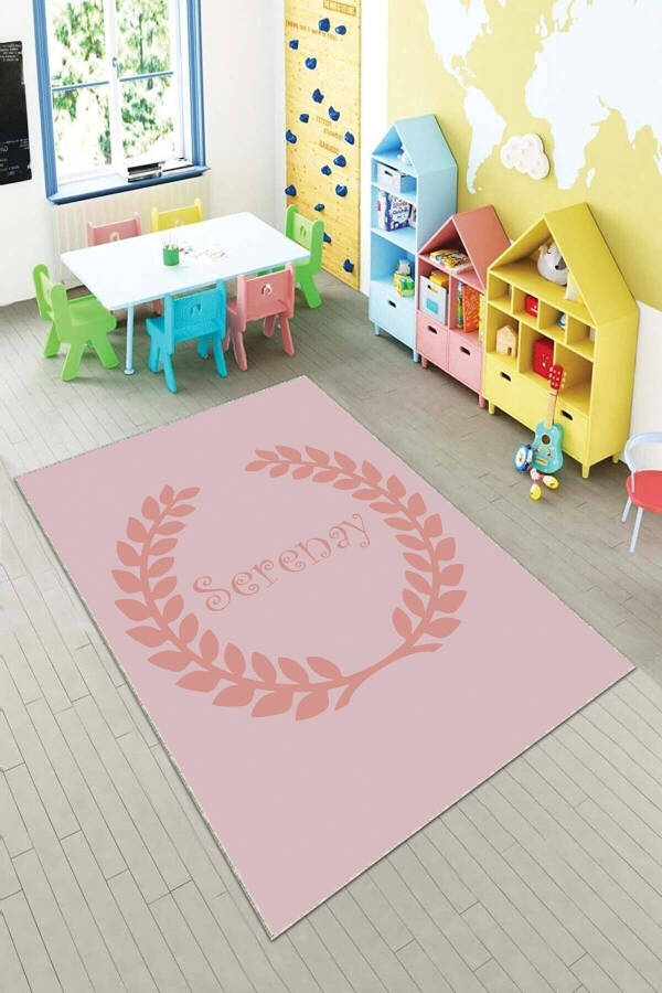 Pink Crown Patterned Personalized Washable Non-Slip Stain-Resistant Baby and Kids Room Rug - 1