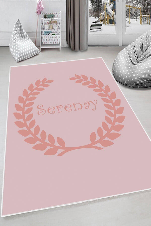 Pink Crown Patterned Personalized Washable Non-Slip Stain-Resistant Baby and Kids Room Rug - 4