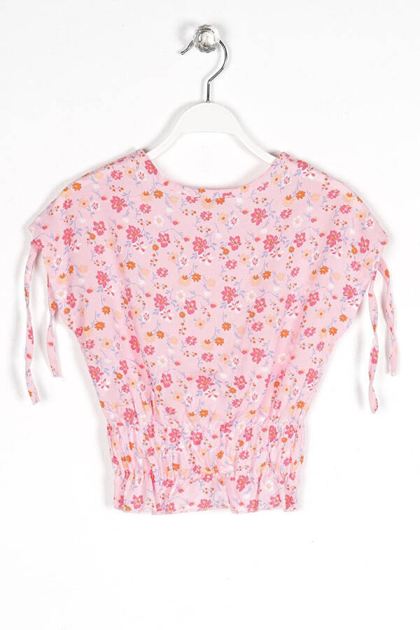 Pink Floral Print Girl's Blouse with Ruffle Sleeves, Drawstring Waist and Tie-Up Shoulders - 1