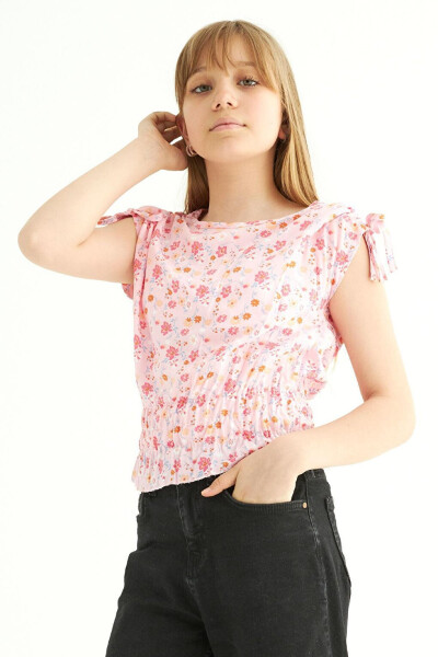 Pink Floral Print Girl's Blouse with Ruffle Sleeves, Drawstring Waist and Tie-Up Shoulders - 3