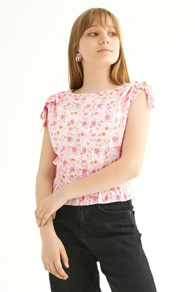 Pink Floral Print Girl's Blouse with Ruffle Sleeves, Drawstring Waist and Tie-Up Shoulders - 6