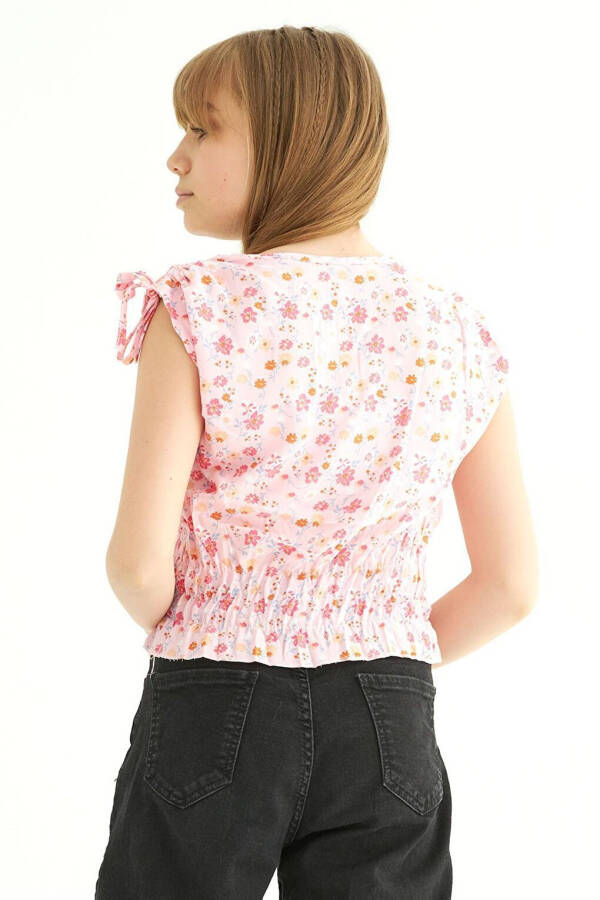 Pink Floral Print Girl's Blouse with Ruffle Sleeves, Drawstring Waist and Tie-Up Shoulders - 8