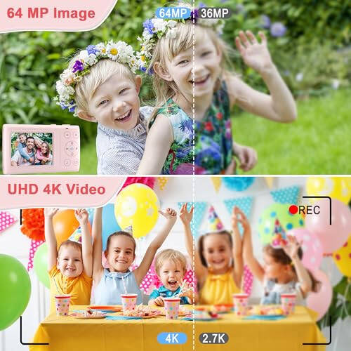 Pink Kids 4K Digital Camera: Compact Camera for Photography and Video, 64MP Autofocus Camera with 18X Digital Zoom 32GB TF Card, Vintage Camera for Boys and Girls Students Gift (Pink) - 2