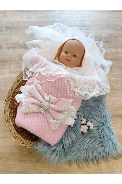 Pink Knit Baby Blanket Lace Girl Boy Baby Wrap Hospital Discharge Gift Newborn - 4