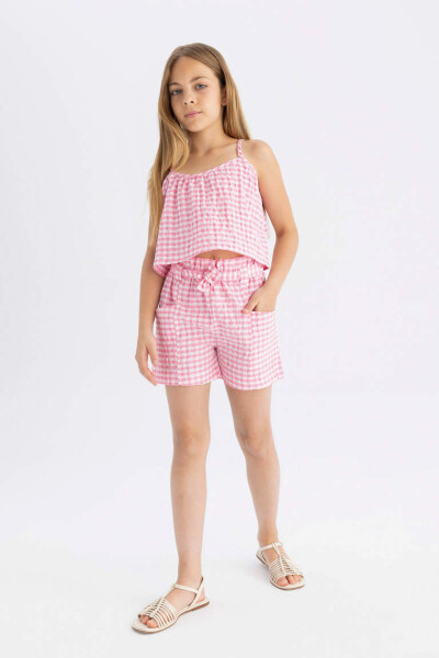 Pink Plaid Paperbag Shorts for Girls - 1