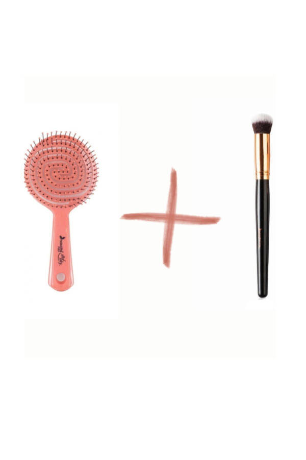 Pink Pro 3D Oval Hair Brush 02 + Professional Oval Concealer Brush - 1