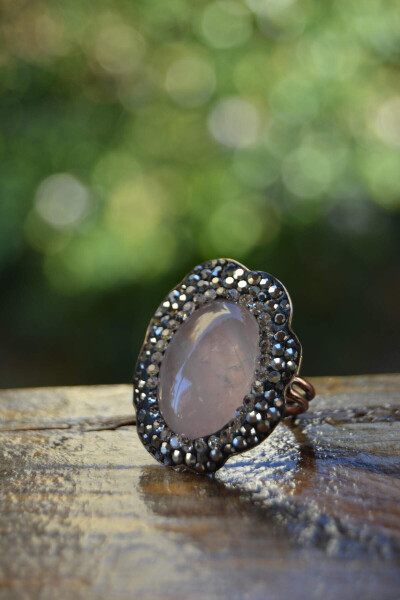 Pink Quartz Natural Stone Adjustable Ring for Women - 2