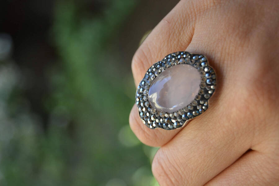 Pink Quartz Natural Stone Adjustable Ring for Women - 3