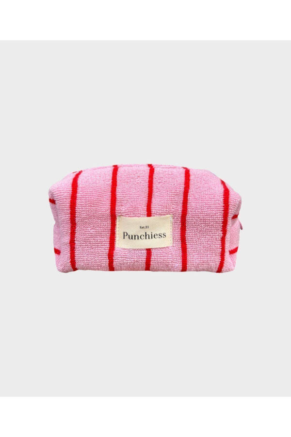 Pink Red Striped Towel Makeup Bag - 7