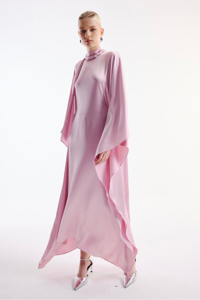 Pink Satin Dress with Neck Tie - 3