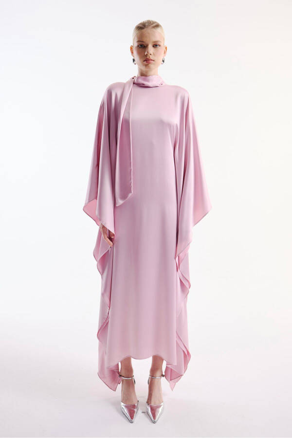 Pink Satin Dress with Neck Tie - 5