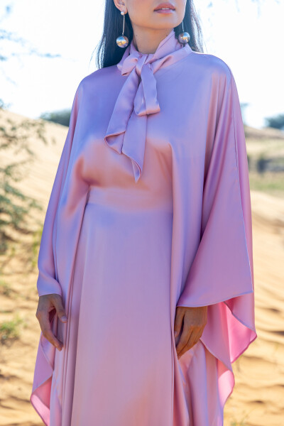 Pink Satin Dress with Neck Tie - 7