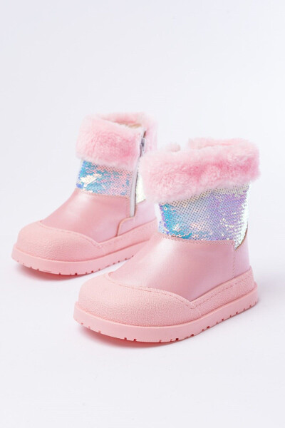 Pink, sequined, zippered, fuzzy, waterproof girls' boots. - 1