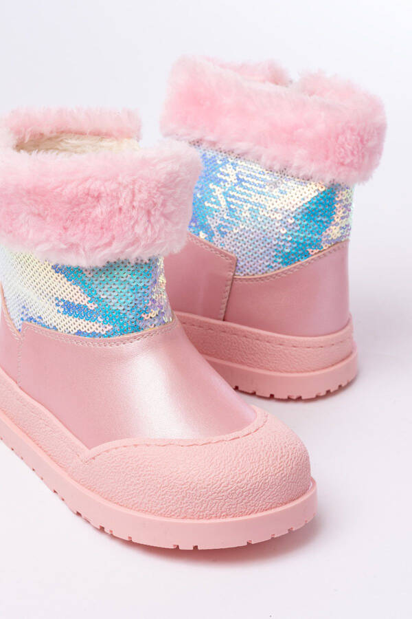 Pink, sequined, zippered, fuzzy, waterproof girls' boots. - 3