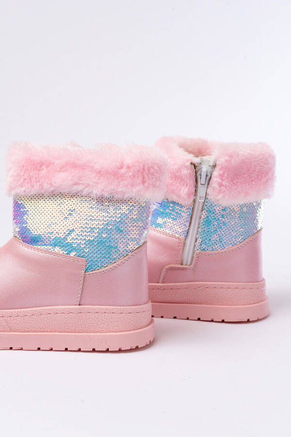 Pink, sequined, zippered, fuzzy, waterproof girls' boots. - 4