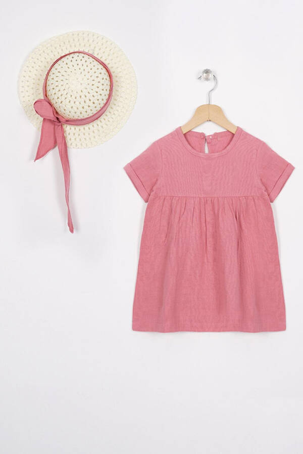 Pink Short Sleeve Dress with Bike Collar and Hat Accessories for Girls - 1