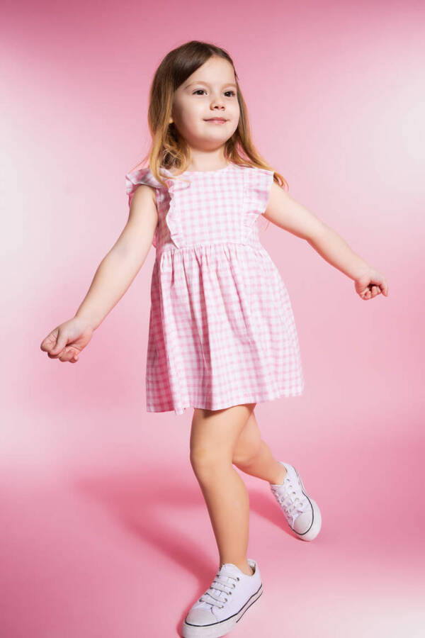 Pink Sleeveless Linen Look Dress with Baby Girl Design - 1