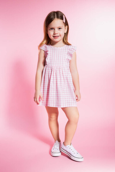 Pink Sleeveless Linen Look Dress with Baby Girl Design - 2