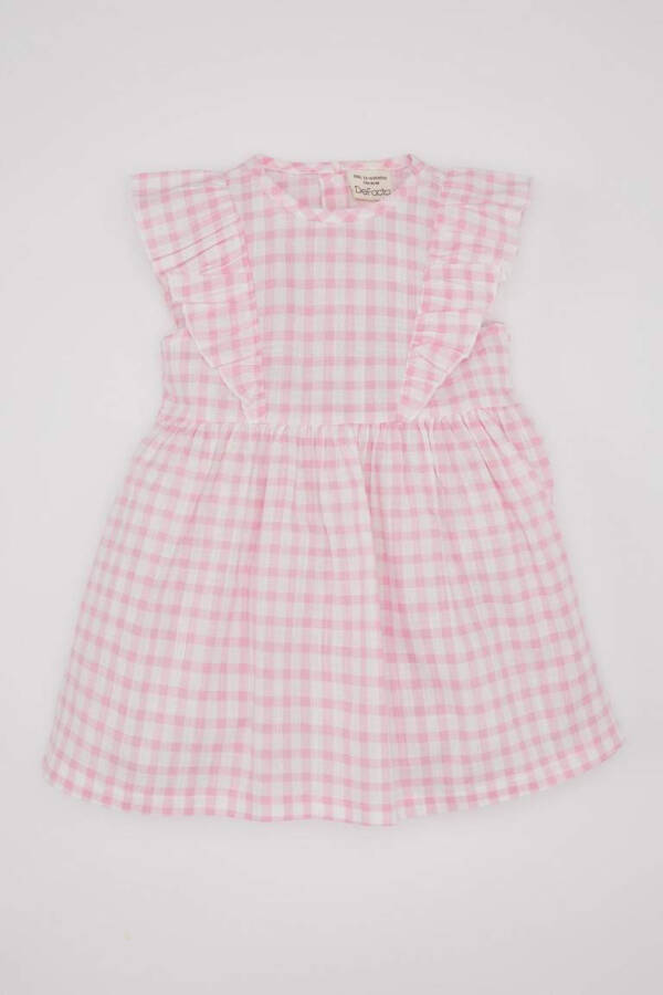 Pink Sleeveless Linen Look Dress with Baby Girl Design - 5