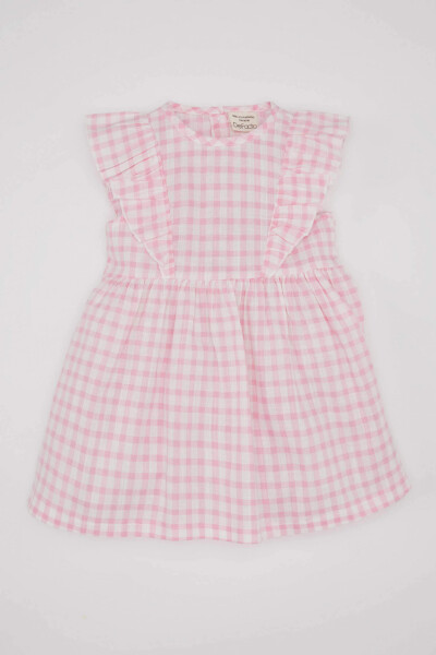 Pink Sleeveless Linen Look Dress with Baby Girl Design - 9