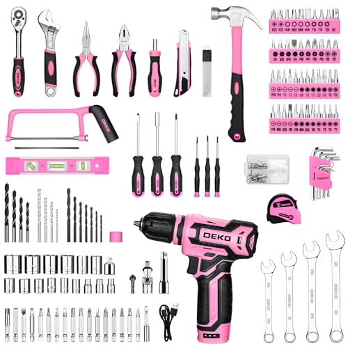 Pink Tool Kit Box Drill Set: DEKOPRO Home Mechanic Toolbox with 12V Power Cordless Drill Hand Repair Tools Sets Combo Kits Storage Organizer Drawer Case for Women - 3