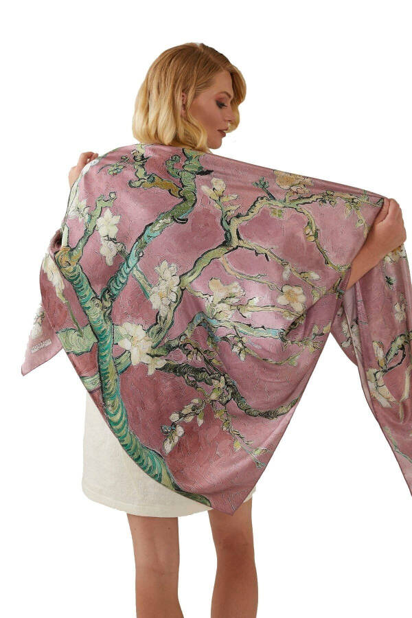 Pink Van Gogh Almond Blossoms 140x140 Square New Spring Summer Collection 100% Satin Silk Scarf - 4